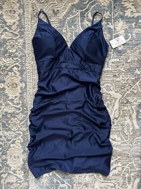 Windsor Navy Ruched Spaghetti-Strap Mini Dress